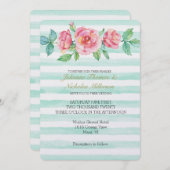 ピンクウォーターバラミントストライプー結婚ズ 招待状 (正面/裏面)