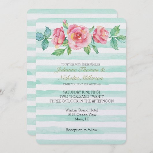 ピンクウォーターバラミントストライプー結婚ズ 招待状 (正面/裏面)