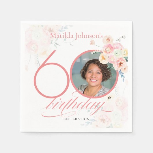 ピンクウォーターバラ写真フローラ60誕生日 スタンダードカクテルナプキン (正面)
