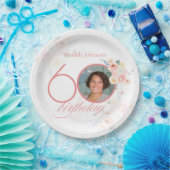 ピンクウォーターバラ写真フローラ60誕生日 ペーパープレート (パーティー)