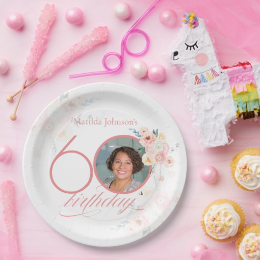 ピンクウォーターバラ写真フローラ60誕生日 ペーパープレート (パーティー)