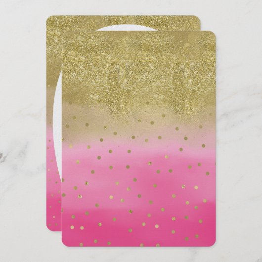 ピンクウォーターフェイクカラー金ゴールドグリッターコンフェットスウィート16 招待状 (正面/裏面)