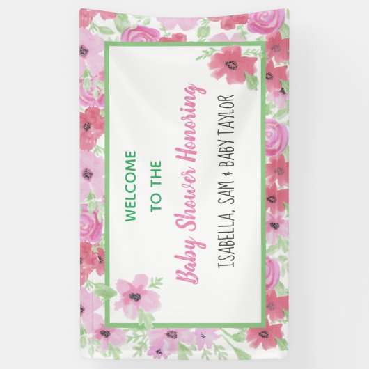 ピンクウォーターフローラガールズベビーシャワー 横断幕 (縦)