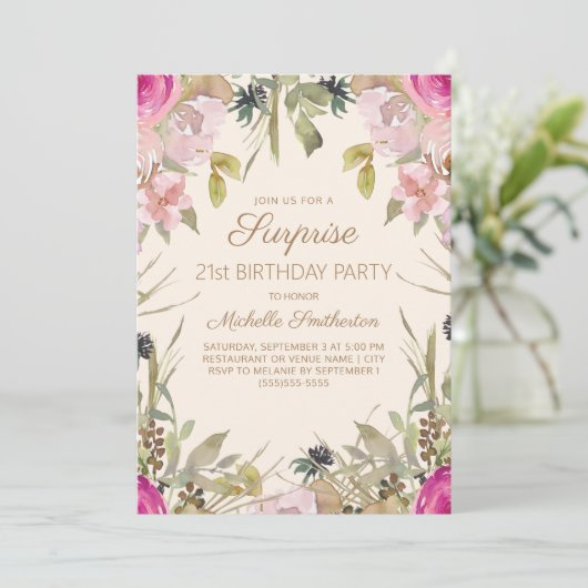 ピンクウォーターフローラサプライズ21歳の誕生日 招待状 (スタンド正面)