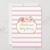 ピンクウォーターフローラバラストライプベビーシャワー 招待状 (正面)