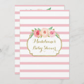 ピンクウォーターフローラバラストライプベビーシャワー 招待状 (正面/裏面)