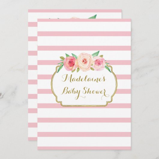 ピンクウォーターフローラバラストライプベビーシャワー 招待状 (正面/裏面)