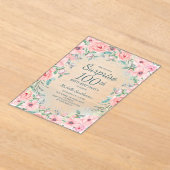 ピンクウォーターフローラバラ真珠100誕生日 アクリル招待状 (レイダウン)