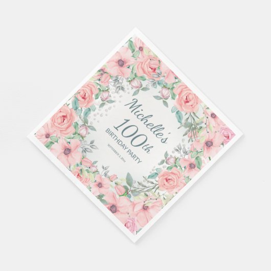 ピンクウォーターフローラバラ真珠100誕生日 スタンダードランチョンナプキン (角)