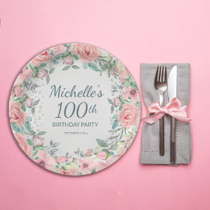 ピンクウォーターフローラバラ真珠100誕生日 ペーパープレート