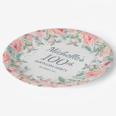 ピンクウォーターフローラバラ真珠100誕生日 ペーパープレート (アングル)