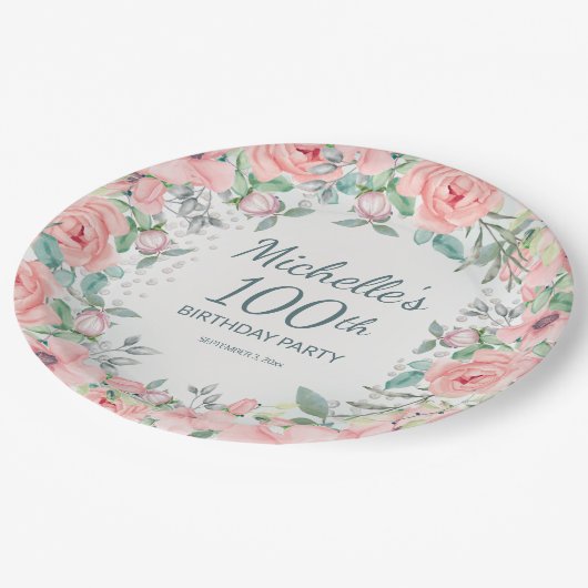 ピンクウォーターフローラバラ真珠100誕生日 ペーパープレート (アングル)