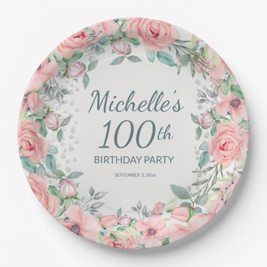 ピンクウォーターフローラバラ真珠100誕生日 ペーパープレート (正面)