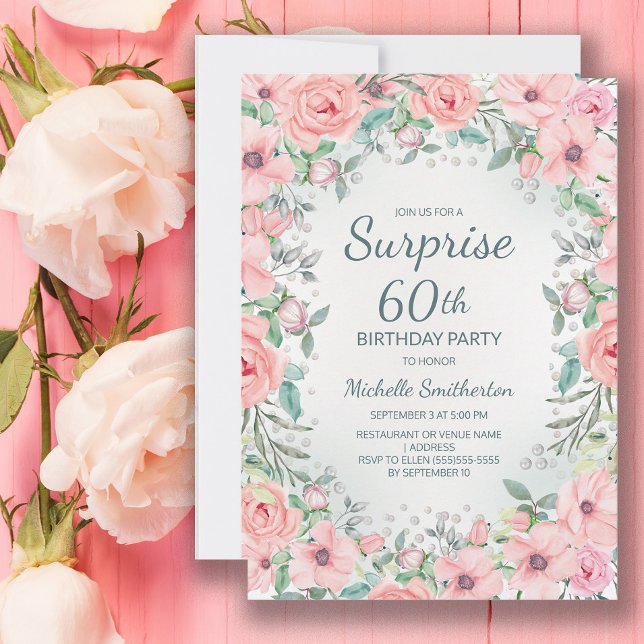 ピンクウォーターフローラバラ真珠60誕生日 (Blush pink floral surprise 60th birthday party invitation customized with your text.)