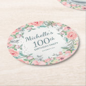 ピンクウォーターフローラバラ100誕生日名 ラウンドペーパーコースター (アングル)