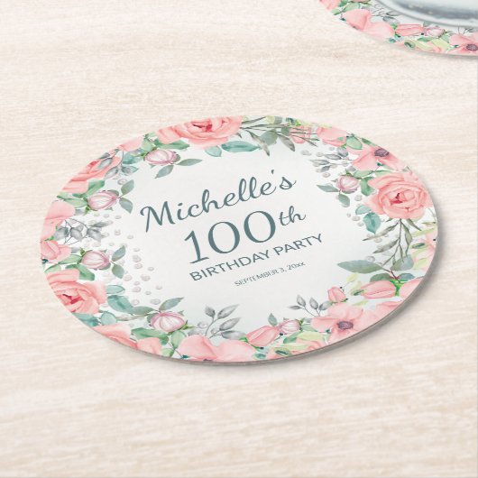 ピンクウォーターフローラバラ100誕生日名 ラウンドペーパーコースター (アングル)