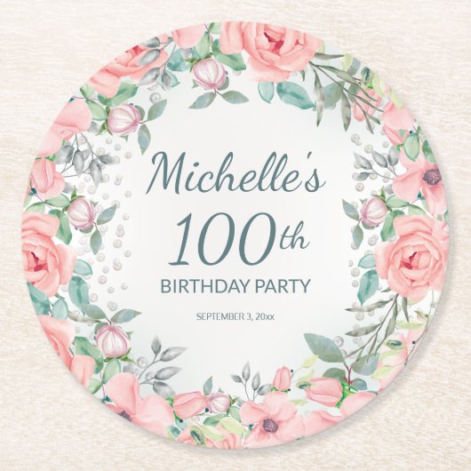 ピンクウォーターフローラバラ100誕生日名 ラウンドペーパーコースター (正面)