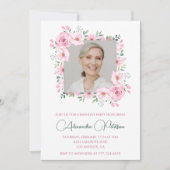 ピンクウォーターフローラフレーム写真89歳の誕生日 招待状 (正面)