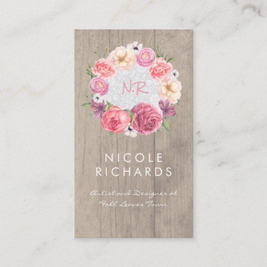 ピンクウォーターフローラ素朴リースウッドアンドレース 名刺 (正面)