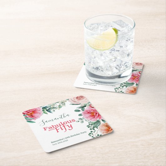 ピンクウォーターフローラ50thバースデーパーティー スクエアペーパーコースター (インサイチュ)