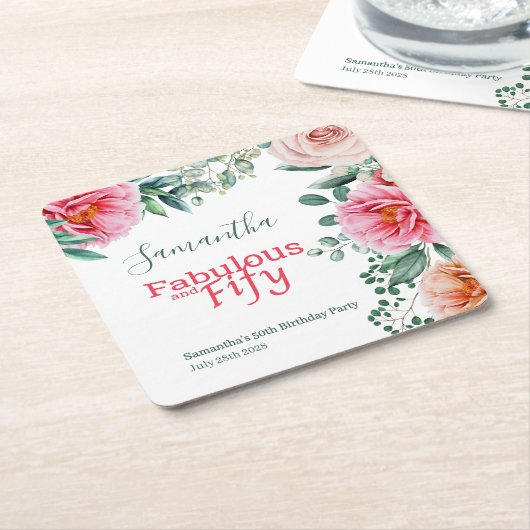 ピンクウォーターフローラ50thバースデーパーティー スクエアペーパーコースター (アングル)