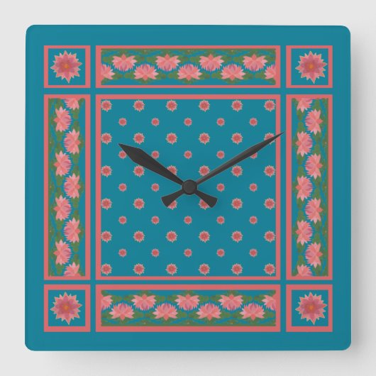 ピンクウォーターリリーオン深いブルースクエアウォールクロック スクエア壁時計 (正面)