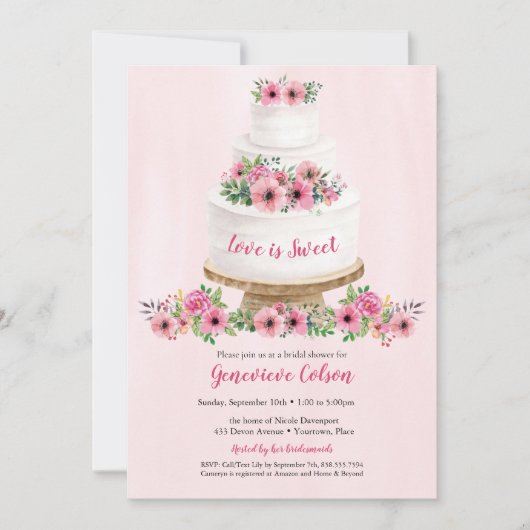 ピンクウォーター結婚カラーズケーキブライダルシャワー 招待状 (正面)