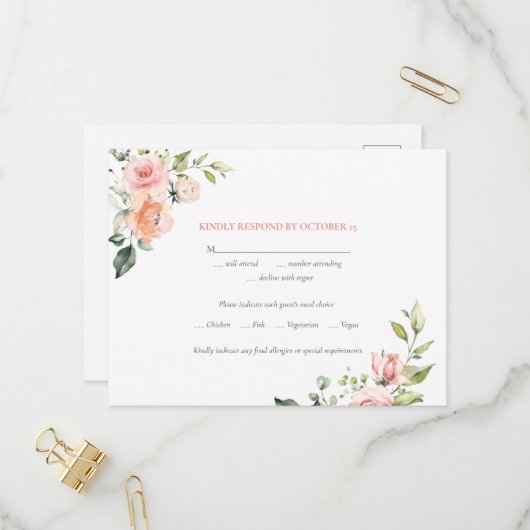 ピンクウォーター結婚カラーフローラの食事RSVP インビテーションポストカード (正面/裏面インサイチュ)