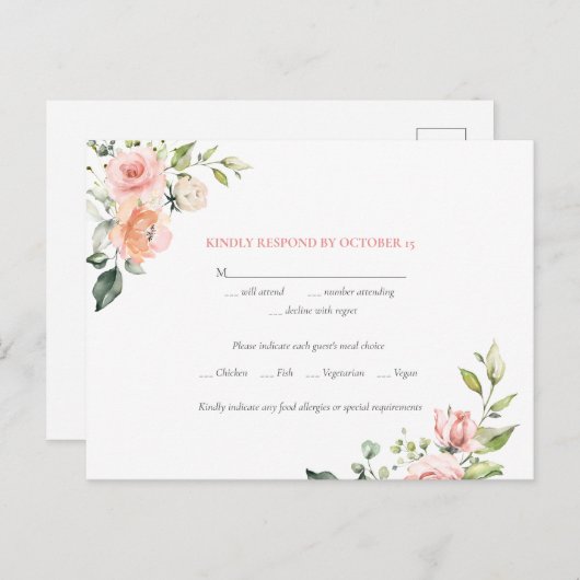 ピンクウォーター結婚カラーフローラの食事RSVP インビテーションポストカード (正面/裏面)