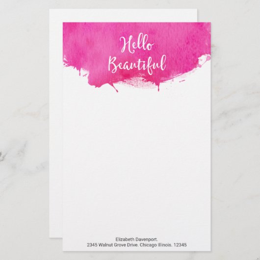 ピンクウォーター絵を描カラー（ばちゃばちゃ）跳ねるハロービューティフル 便箋 (正面/裏面)