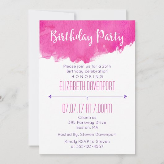 ピンクウォーター絵を描カラー(ばちゃばちゃ)跳ねる誕生日招待状 招待状 (正面)