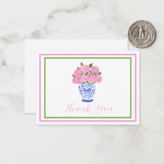 ピンクウォーター色あじさいスクリプト縁どありがとうございます ノートカード (正面/裏面インサイチュ)