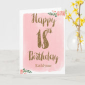 ピンクウォーター色と金ゴールドグリッター18誕生日 カード (黄色い花)