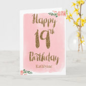 ピンクウォーター色と金ゴールドグリッター19誕生日 カード (黄色い花)