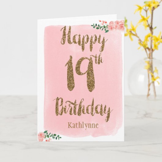 ピンクウォーター色と金ゴールドグリッター19誕生日 カード (黄色い花)