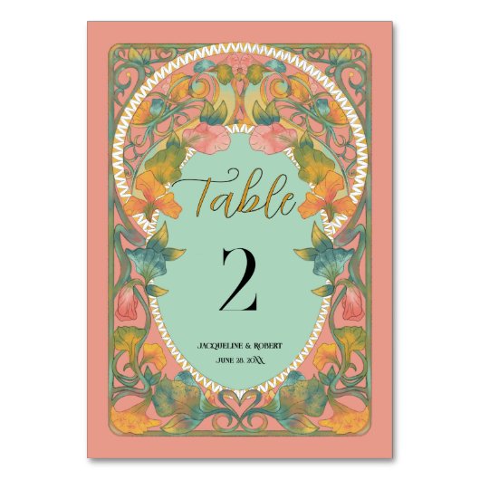 ピンクウォーター色のアールヌーボー結婚ズ テーブルナンバー (正面)