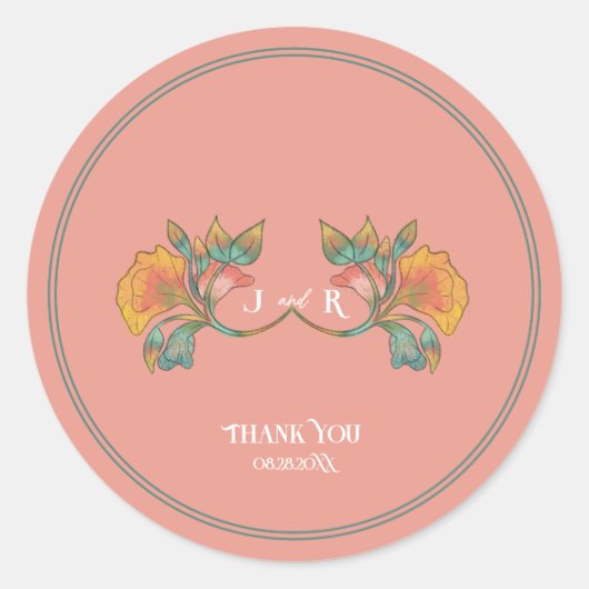 ピンクウォーター色のアールヌーボー結婚ズ ラウンドシール (正面)