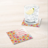 ピンクウォーター色のフローラパーソナライズされた誕生日 スクエアペーパーコースター (インサイチュ)