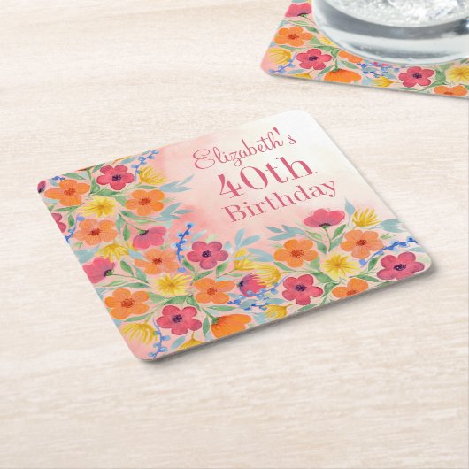 ピンクウォーター色のフローラパーソナライズされた誕生日 スクエアペーパーコースター (アングル)