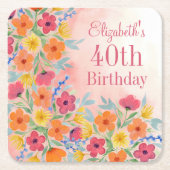 ピンクウォーター色のフローラパーソナライズされた誕生日 スクエアペーパーコースター (正面)