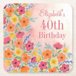 ピンクウォーター色のフローラパーソナライズされた誕生日 スクエアペーパーコースター
