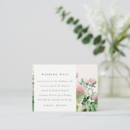 ピンクウォーター色のフローラ庭園の結婚式ウィッシングウェル エンクロージャーカード (スタンド正面)