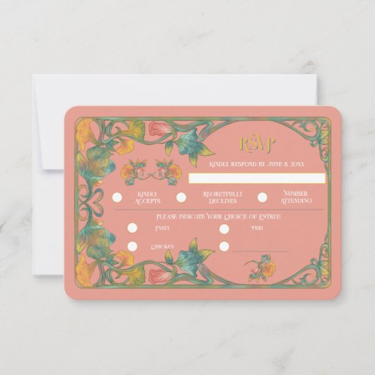 ピンクウォーター色アールヌーボーウェディングRSVPカード 出欠カード (正面)