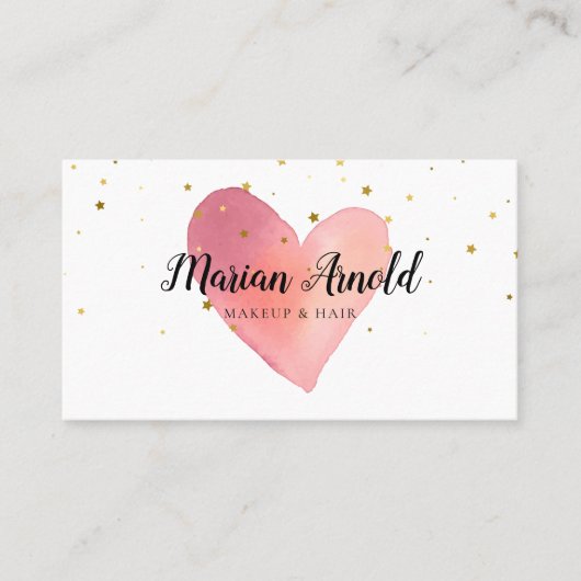 ピンクウォーター色ハート金ゴールド星 名刺 (正面)