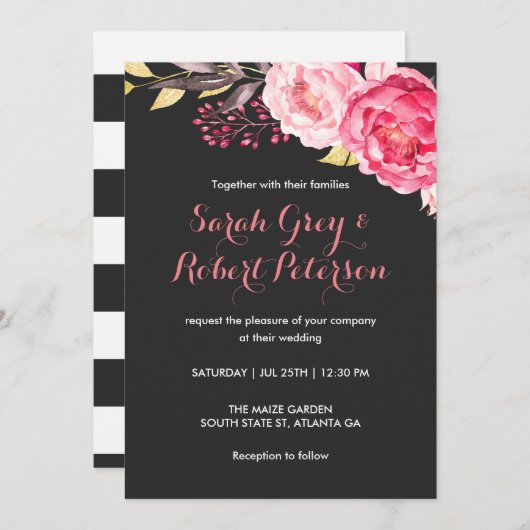 ピンクウォーター色バラストライプ結婚式招待状 招待状 (正面/裏面)