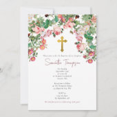 ピンクウォーター色バラフラワーガーデンガールバプテスマ 招待状 (正面)