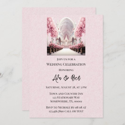 ピンクウォーター色フローラアーチチャーチ結婚ーズ 招待状 (正面/裏面)