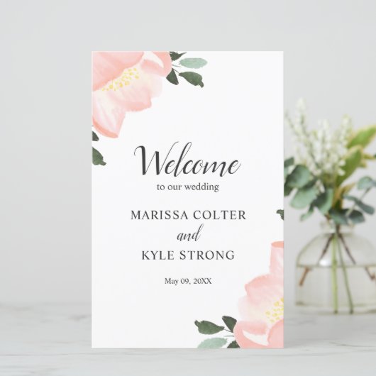 ピンクウォーター色フローラエレガントな結婚式プログラム (スタンド正面)