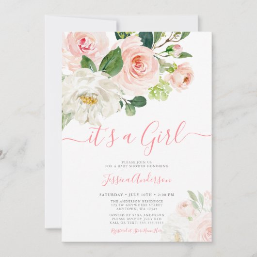 ピンクウォーター色フローラガールベビーシャワー 招待状 (正面)