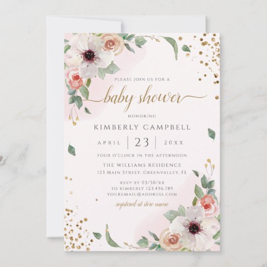 ピンクウォーター色フローラガールベビーシャワー 招待状 (正面)